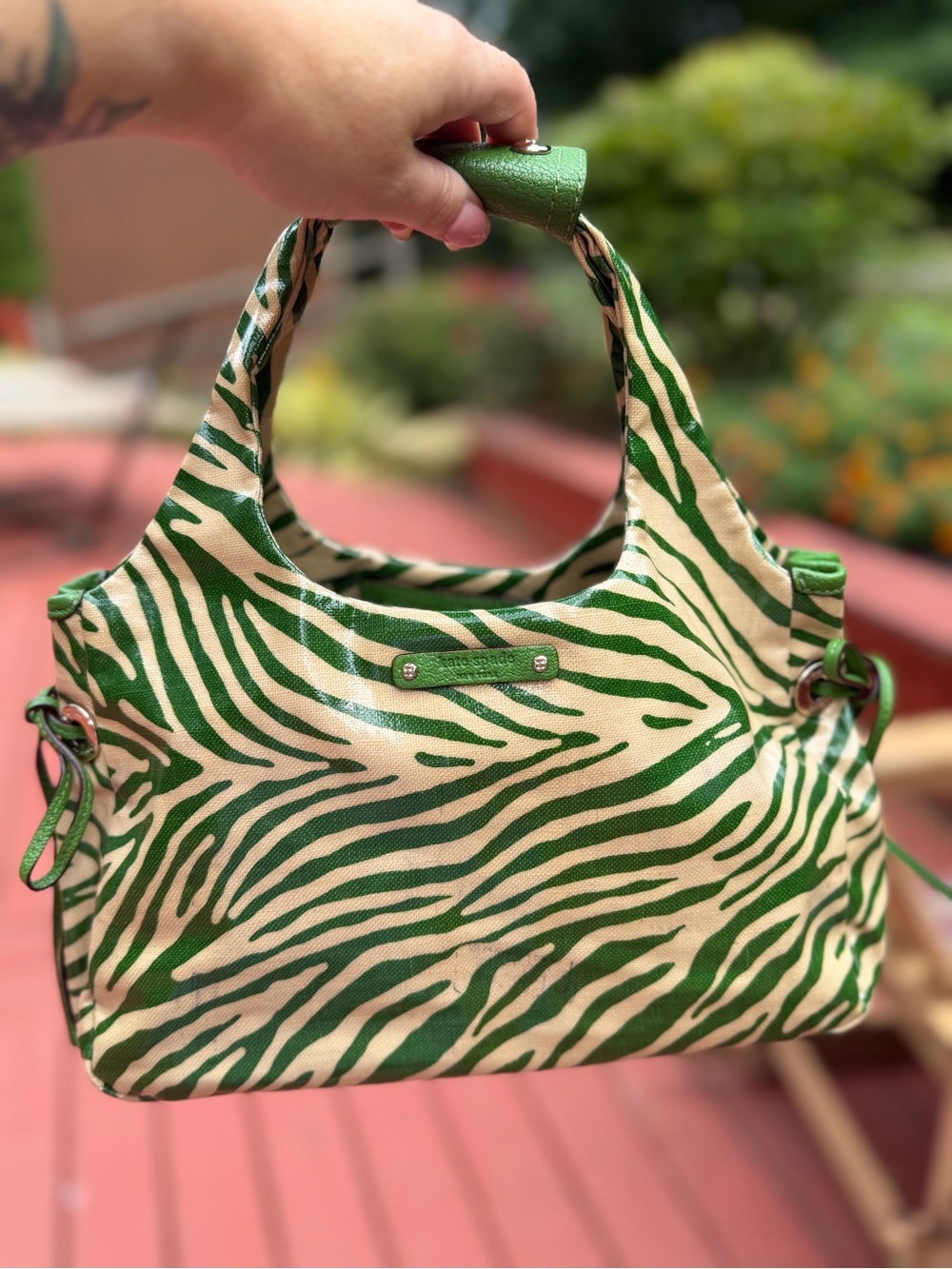 kate spade Vintage Unique Coated Canvas Green and Cream Zebra-Print Shoulder Bag